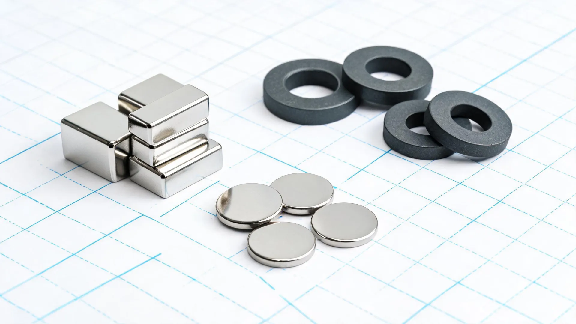 Permanent magnets and magnetic assemblies on an engineering bench