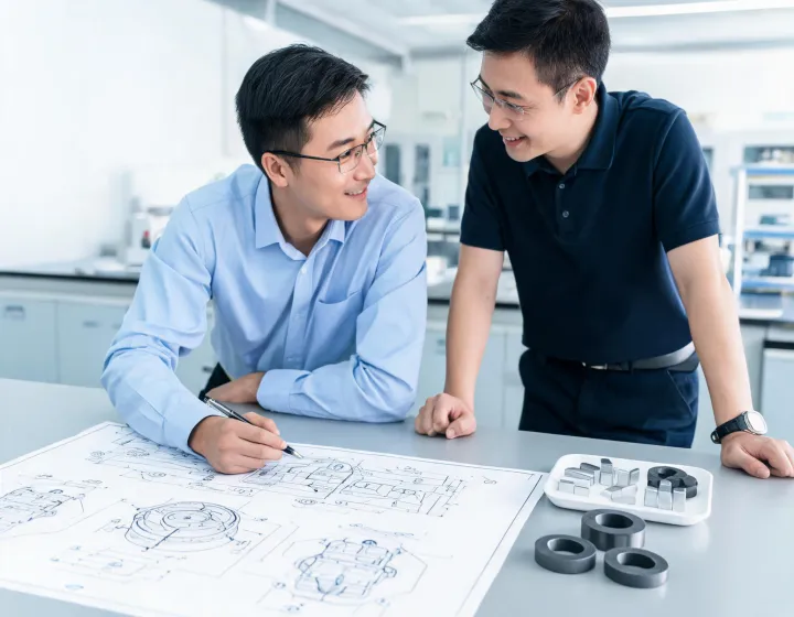 Engineer reviewing magnet assembly drawings with production notes